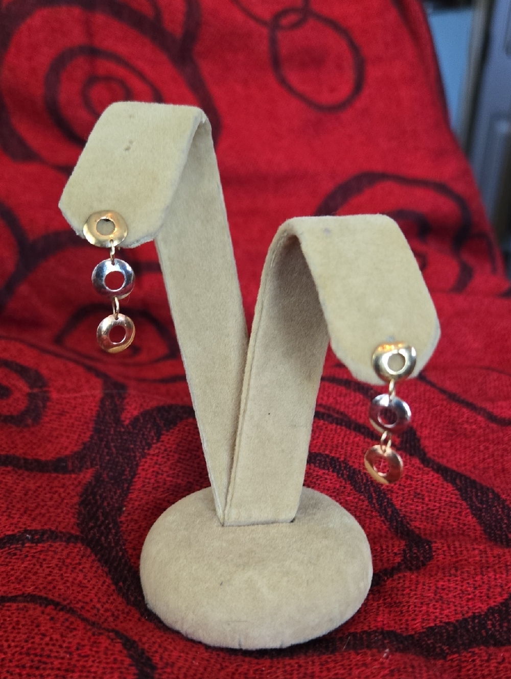10K Yellow, White, Rose Gold dainty triple circle, drop pierced Earrings. READ.